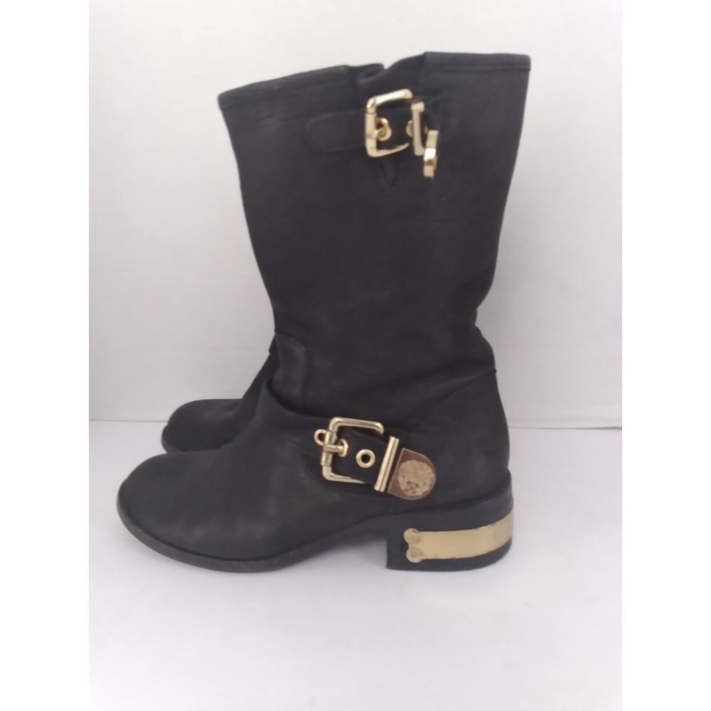 Black Leather Motorcycle Boots‎ with Gold Buckle Details Mid-Calf Biker Style